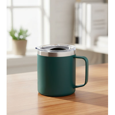 14 Oz Dark Green Powder Coated Stainless Steel Travel Coffee Mug With Lid And Handle. Insulated, Portable, Suitable For Camping, Office, And Outdoor Use.