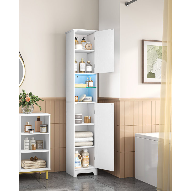 Tall Bathroom Cabinet with Lights, Slim Bathroom Storage Unit with 2 Doors and Adjustable Shelves, Narrow Storage Unit for Small Spaces