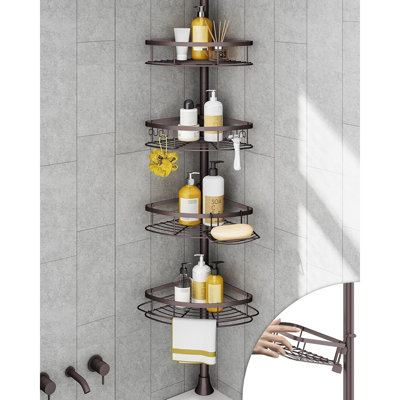 Étagère de douche d'angle antirouille avec barre de tension réglable et tablettes de rangement