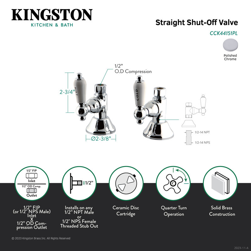 Kingston Brass Trimscape 1/2-Inch FIP x 1/2-Inch OD Comp Quarter-Turn Straight Stop Valve, Chrome