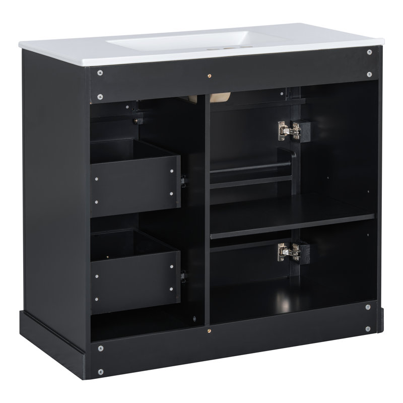 Meuble-lavabo 36 po avec lavabo en céramique, tablette réglable et 4 tiroirs, Noir