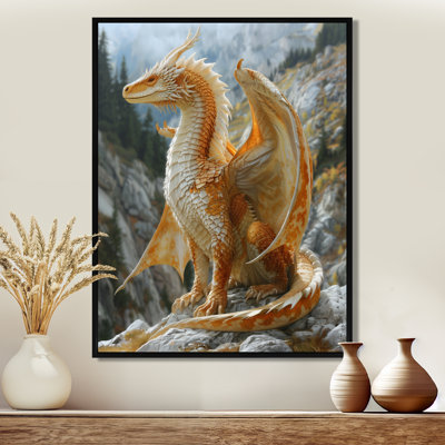 Décoration murale dragon jaune et blanc avec ailes dorées et dragons