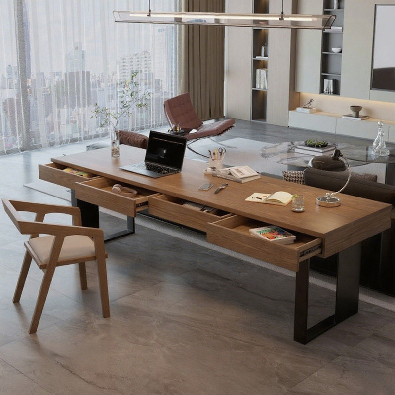 Nut-Brown Rectangular Solid Wood with 4 drawers desk, 29.53" H x 70.87" W x 31.5" D