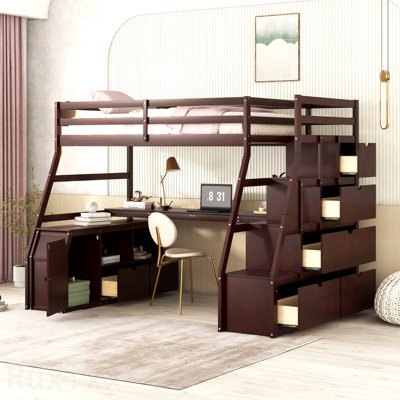 Twin Size Loft Bed With 7 Drawers 2 Shelves And Desk - Espresso