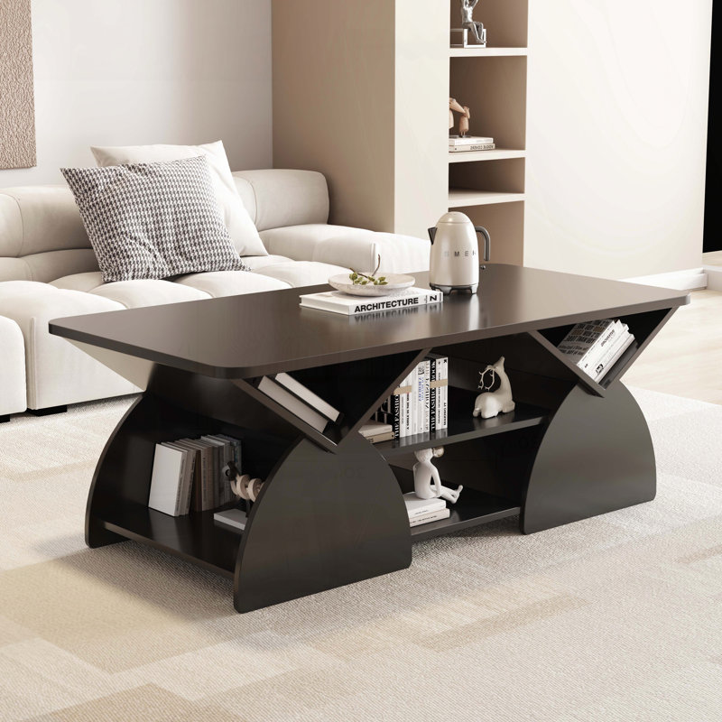 Table basse rectangulaire avec 6 espaces de rangement indépendants - Design géométrique moderne, noir, Noir