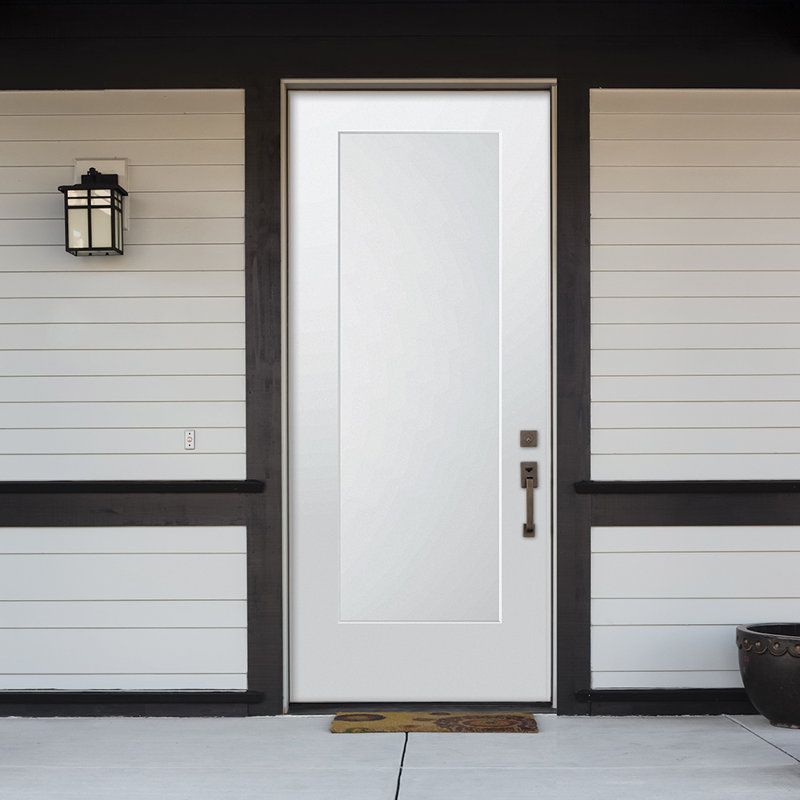 Smooth Fibreglass 1 Panel Shaker Exterior Door with 4-9/16" Jambs, Left Hand/Inswing, Satin Nickel