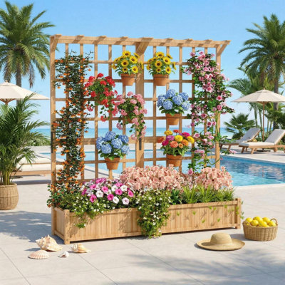 Boîte à fleurs en bois à double section avec treillis pour jardins extérieurs, lit surélevé surélevé pour fleurs et légumes, pot à fleurs profond de 1,4 pi avec toit suspendu et trous de drainage.