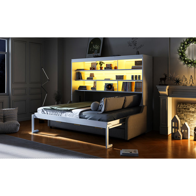 Lit-armoire pleine grandeur beige avec tablettes pliantes, rangement et éclairage à DEL doux, idéal pour les petits appartements avec grand éclairage encastré