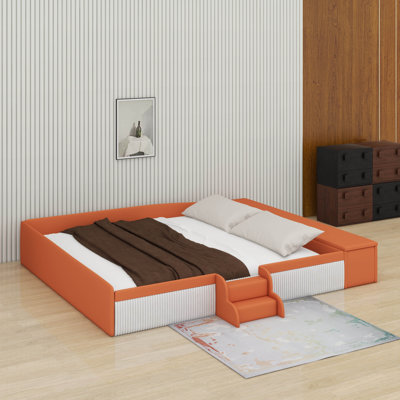 Floor Bed With Padded Guardrails, Velvet Upholstered Daybed Frame With Stairs & Gas Lift Storage Ottoman, Contrast Colour