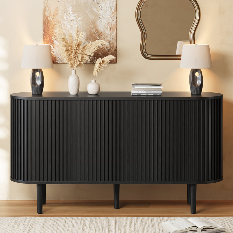 55.1" Mid-Century Sideboard With 3D Tambour Doors For Dining Room, Living Room, Black