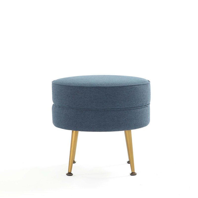 Bailey Mid-Century Modern Woven Polyester Blend Upholstered Wood Ottoman in Blue with Gold Legs, Gold, Blue