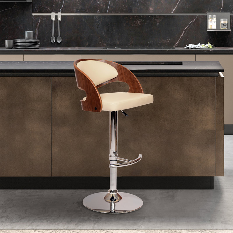 Chaffins Swivel Adjustable Height Barstool in Faux Leather, Chrome Base, Creme Faux Leather, Walnut Veneer