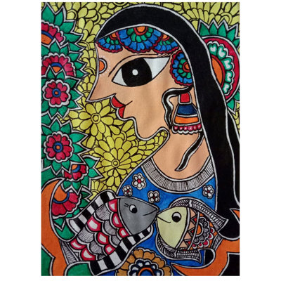 Woman And Fishes - Madhubani Art | Acrylic On Canvas | By Kush Gupta