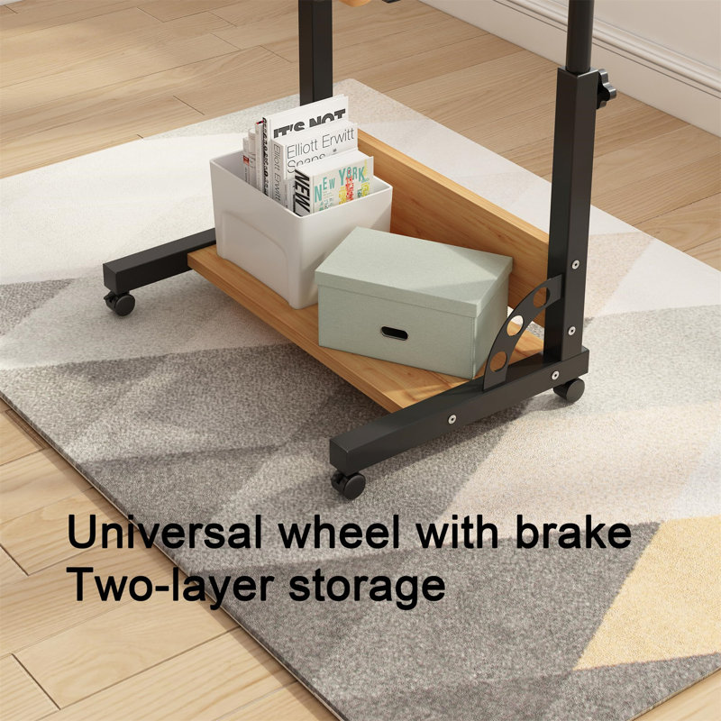 Adjustable Bamboo and Black Metal Rolling Laptop Cart