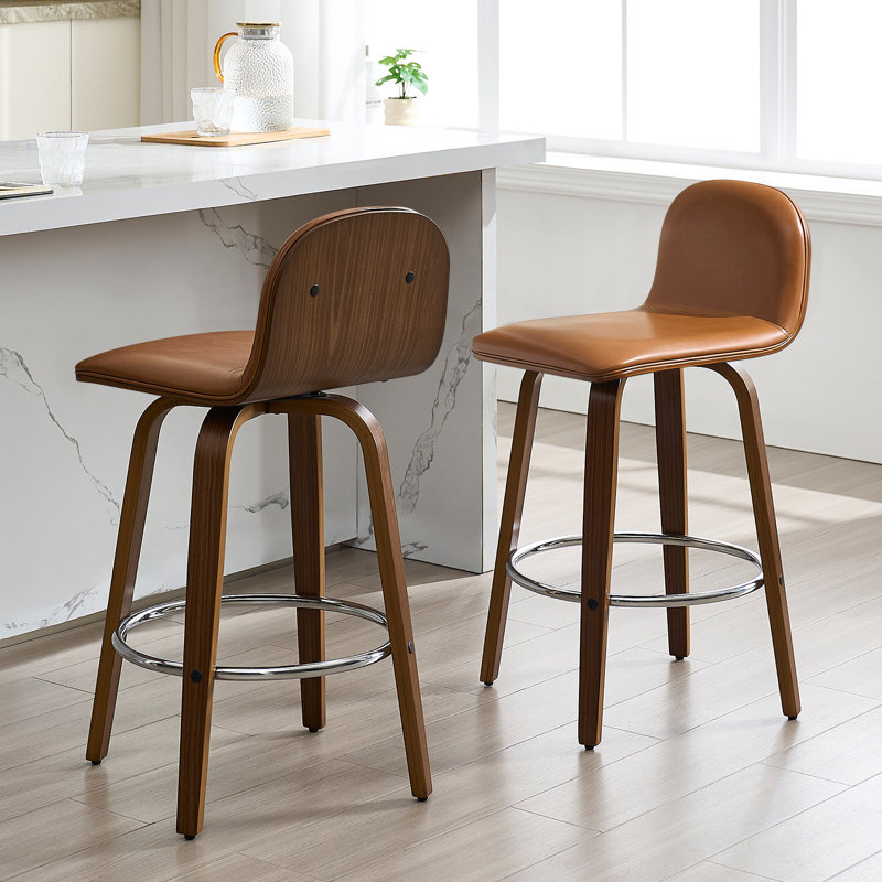 Swivel Upholstered Bar Stool, Counter Stool (26” Seat Height), Brown Leather/ Brown Frame