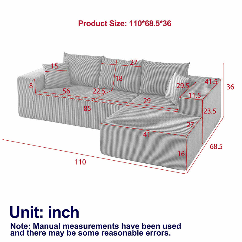 Boneless Modern Upholstered Sectional Sofa With 6 Pillows, No assembly required, Left Hand Facing, 22.5" H x 108" W x 68" D