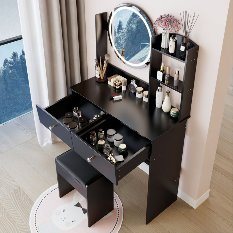 17" Round LED Mirror Vanity Table + Soft Cushion Stool Suit, Large Mirror, Touch Switch, 3 Colors, Adjustable Brightness, Large Desktop, Multi-Layer High Capacity Storage, Suitable For Small Space