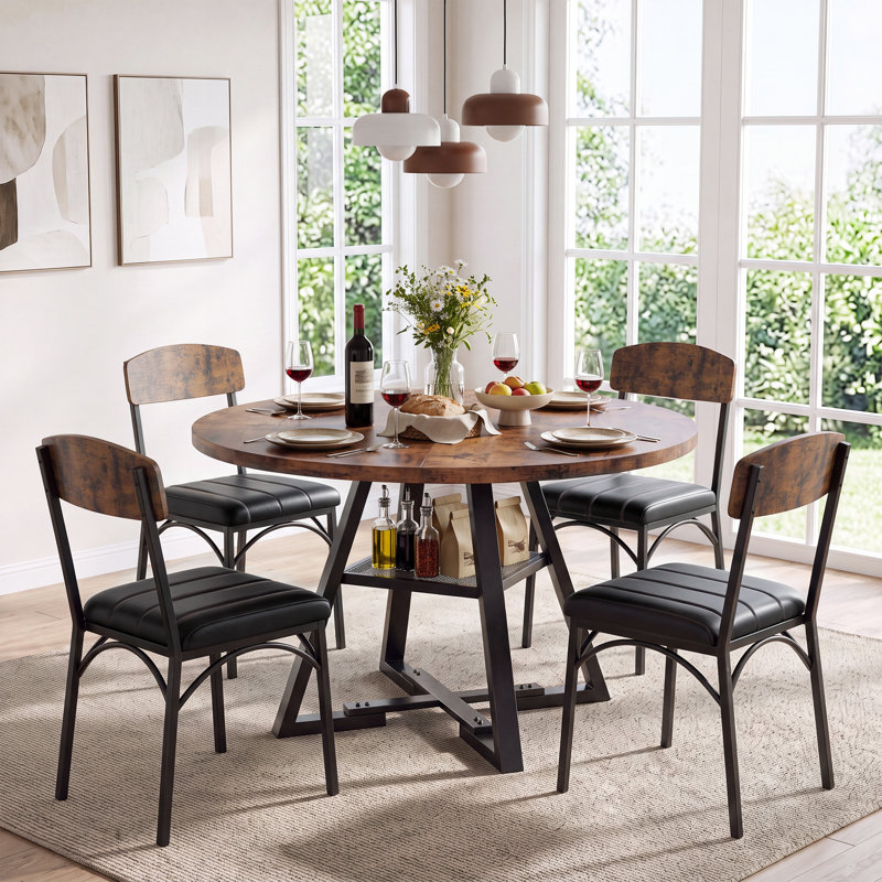Round Dining Table Farmhouse Kitchen Table,Space Saving Dinner Table For Kitchen & Dining Room, Brown