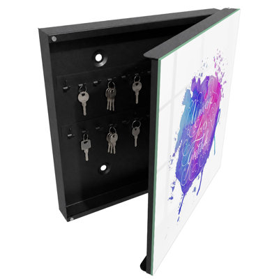 Key box, Opens to the left, 30x30x5, Black, Watercolor with inscription in purples and pinks, 