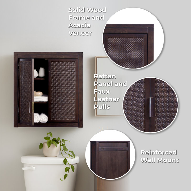 Ameer Modern Boho Over-the-Toilet Storage Wall Cabinet with 2 Rattan Inlay Doors, Adjustable Shelves & Solid Wood, Espresso