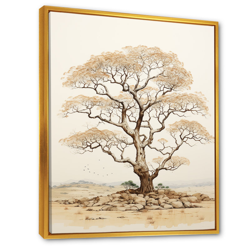 Baobab, arbre beige, minimalisme I - arbre, baobab, estampes, H 40 po x l 30 po, Cadre flottant doré