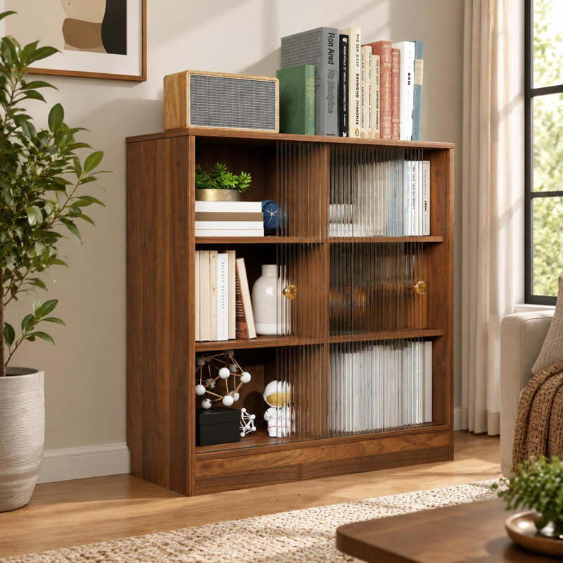 Bibliothèque à 3 niveaux avec portes coulissantes en verre
