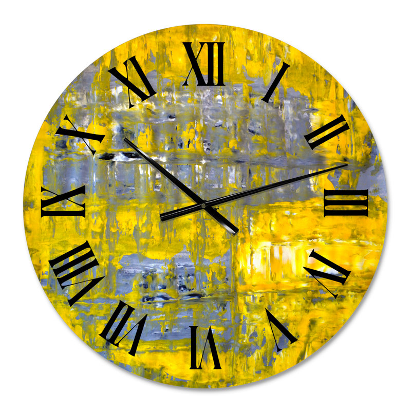 Jaune rencontre l'art abstrait gris I - horloge murale moderne, 23" H x 23" W x 1" D
