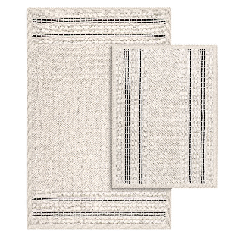 Porto Boho Style Soft Absorbent Turkish Cotton Bath Rugs, Ecru, 24" W x 40" L + 20" W x 24" L