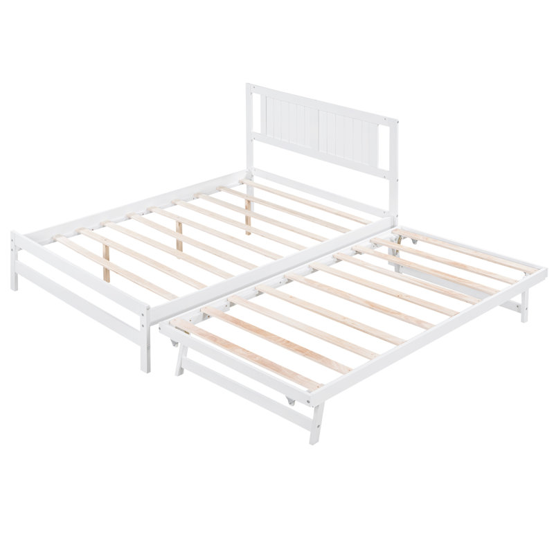 Lit plateforme blanc avec lit gigogne réglable en bois de pin et taille combinée faite de matériaux solides, White