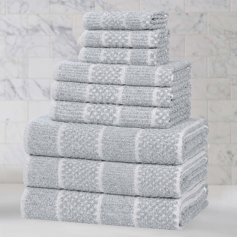  Naples Viscose Cotton Blend Medium Weight Textured Checkered and Ribbed 9 Piece Towel Set, Denim Blue