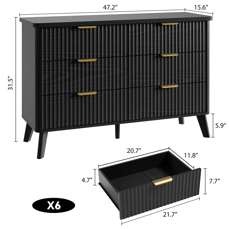 Commode 6 tiroirs cannelés, commode en bois de 47,2 po de largeur et meuble télé pour salon de chambre à coucher, Noir