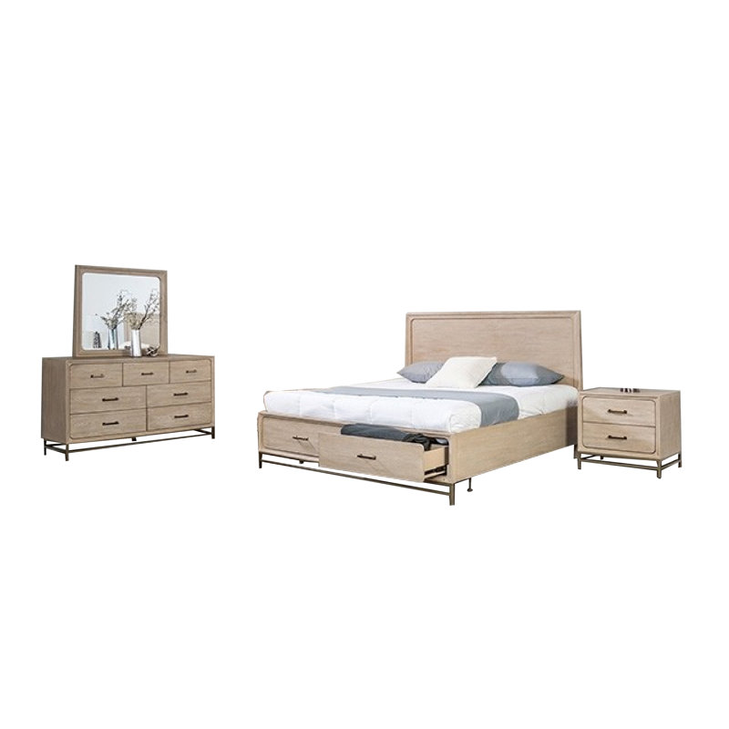 Ensemble de chambre avec grand lit 5 pièces et miroir Rozie, brun clair / chêne