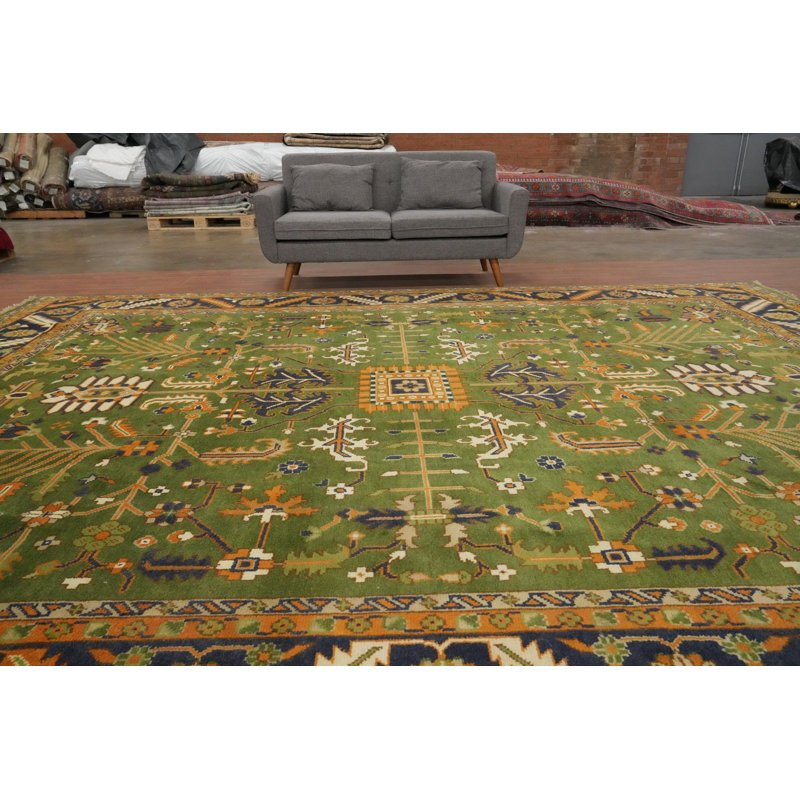 Grand tapis indien fait à la main vert Oushak 12 x 15