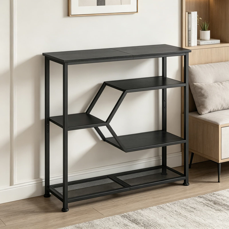 Console de table d'entrée 31,5 pouces avec tablettes de rangement ouvertes à 5 niveaux, canapé mince pour le couloir, le salon, la chambre à coucher, structure en métal noir et panneau de particules