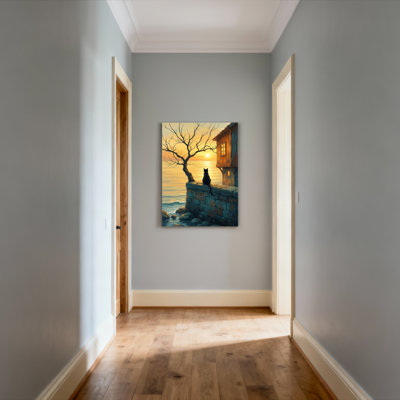 Black Cat On Stone Wall Sunset Landscape Canvas Wrapped Wall Art Oil Painting Print Set Of 1
