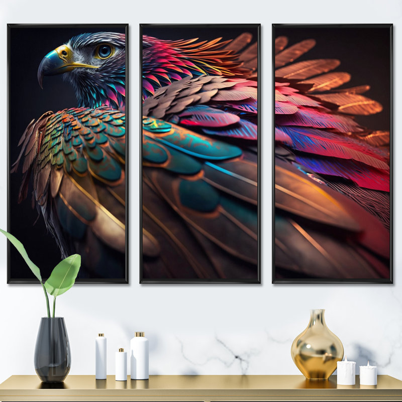 Macro Colorful Feather Eagle II - 3 pièces, reproduction sur toile, Noir, H 28 po x l 36 po x P 1 po