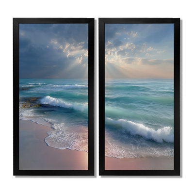 «White and Pink Sunset Gentle Waves - Beach Wall Art For Living, White Coastal, reproduction sur toile 2 pièces