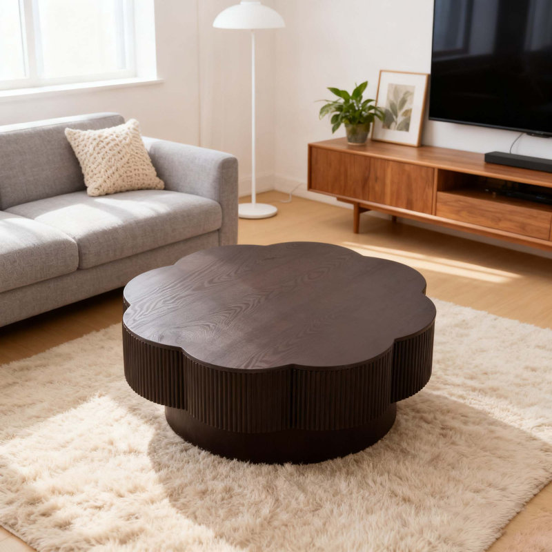 Table basse moderne en forme de fleur avec rangement caché, conception élégante en fleurs de prunier pour le salon et le bureau, assemblage facile, brun foncé