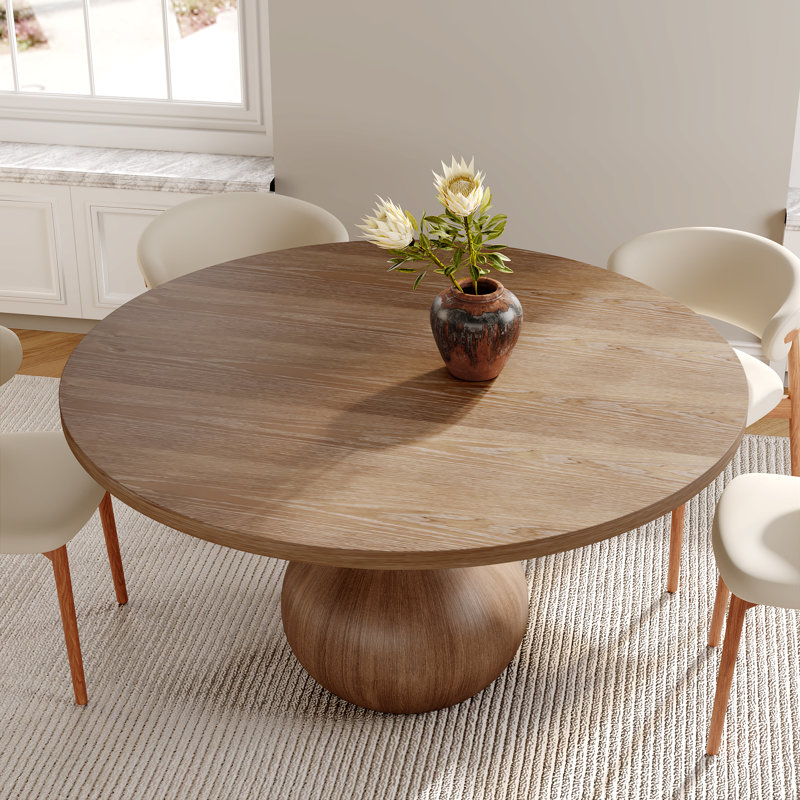 7-pieces Farmhouse Round Dining Set - Solid Wood Dining Table Zen-style With 6 Upholstered Chairs , 59" Table Top