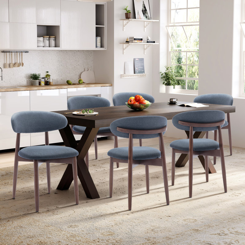 Upholstered Solid Wood Dining Chair, Curved Ergonomic Backrest, Modern Side Chair for Dining Room, Blue