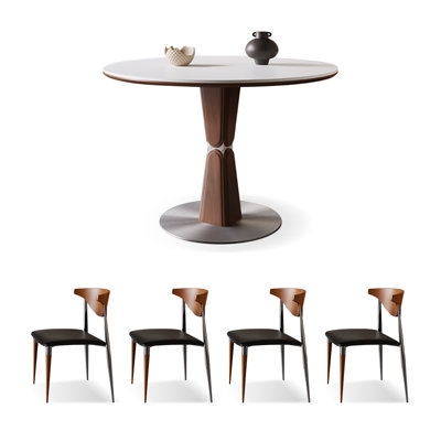 4 - Person White Round Silver Round Rock plate desktop Stainless steel Solid wood table legs Dining Table Set