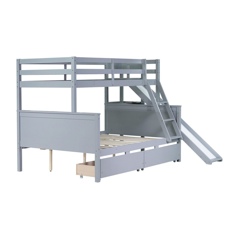 Lit superposé simple au-dessus de double gris avec tiroirs et tablettes - Hévéa 2, glissoire, tablette de rangement