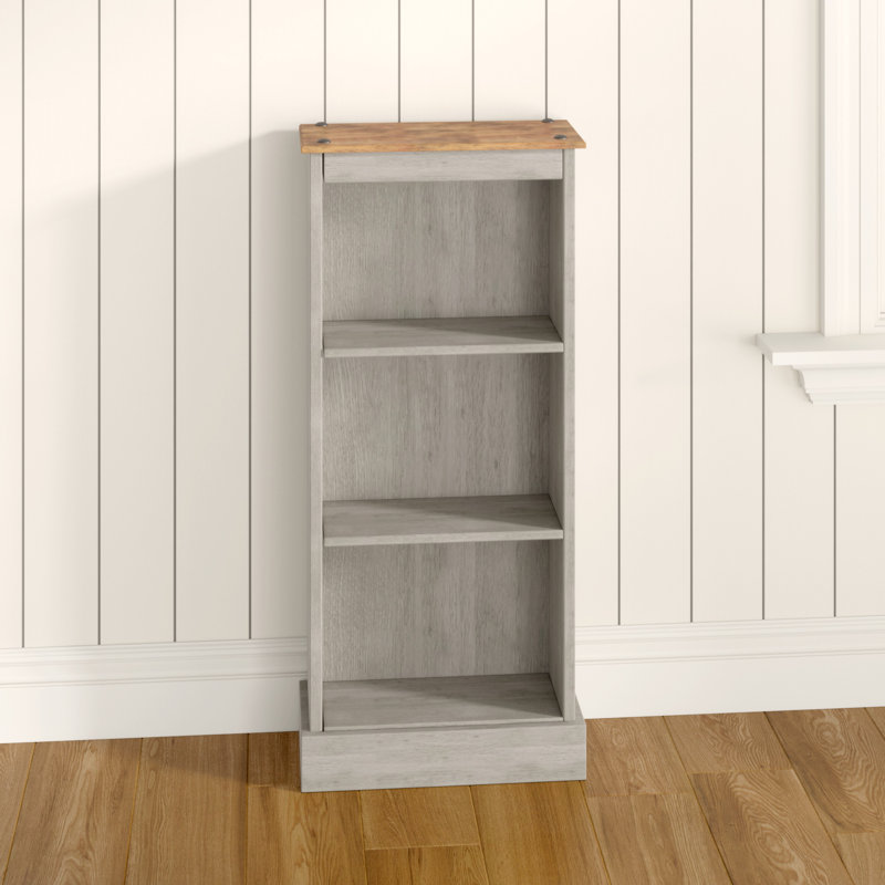 St Blazey Low Narrow 3 Shelf Bookcase, Grey And Antique Wax Finish, Corona Design