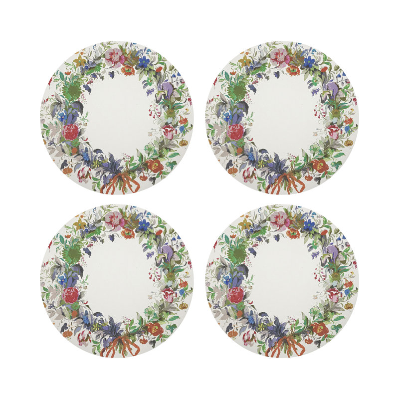 Wreath Flowers Blue Vegan Leather Round Coasters, Orange