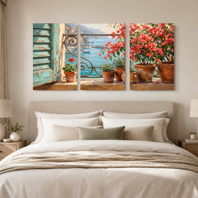 " Teal Shutter And Potted Plants On Balcony Overlooking Sea " 3 - Pieces