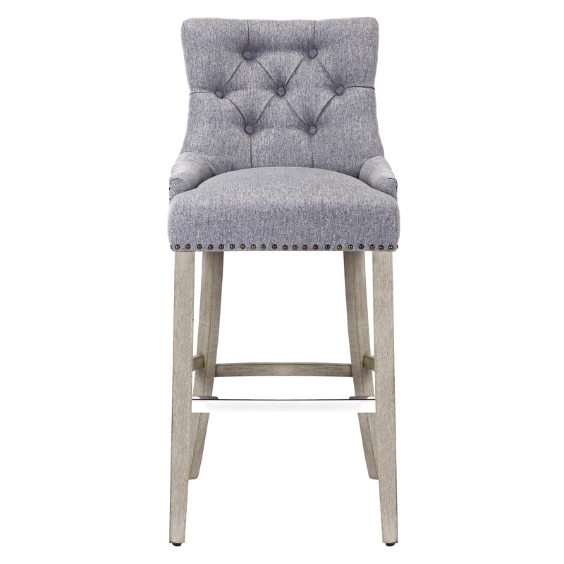 Linen Fabric Tufted Upholstered Counter Stool, Gray Linen/Antique Gray Frame, Bar Stool (29” Seat Height)