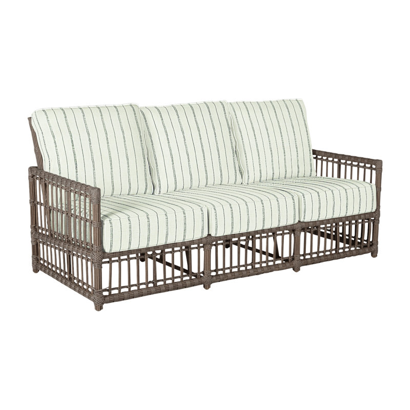 Newport 79" Wide Outdoor Wicker Patio Sofa with Cushions, Indigo Velvet, No Welt, Newport #66 Burlap