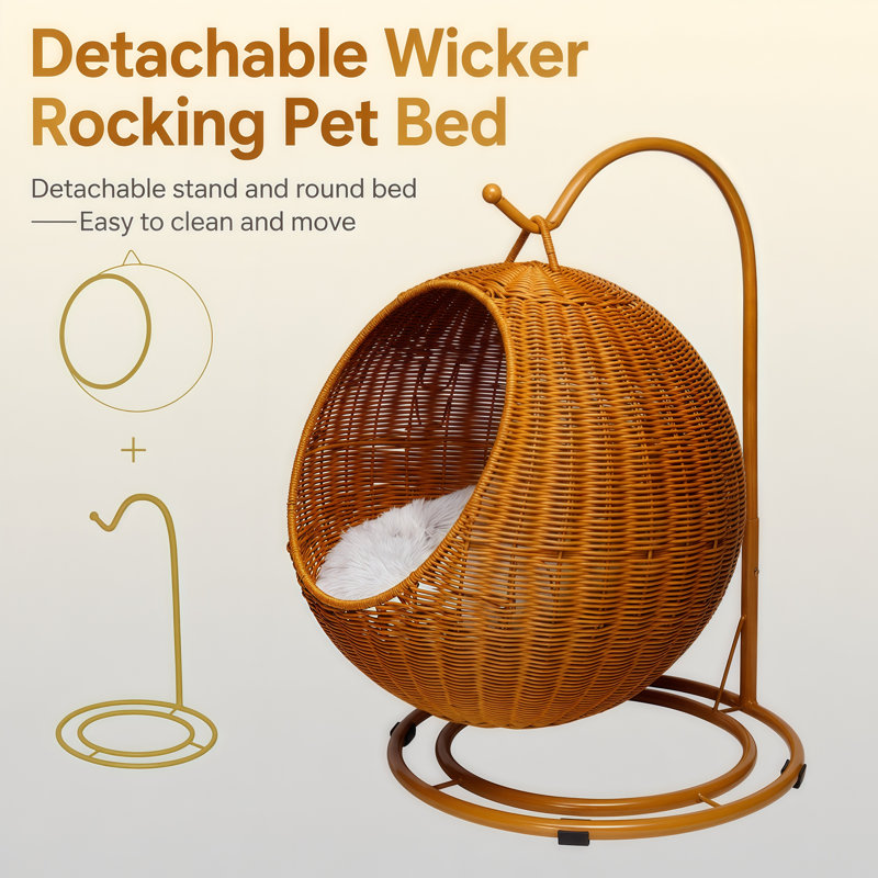 Lit-grotte surélevé en rotin PE tissé à la main avec pieds en bois massif, refuge pour animaux de compagnie à deux niveaux avec coussin moelleux lavable, peut supporter jusqu'à 13 lb, 16,5 po x 16,5 po x 17,7 po, brun