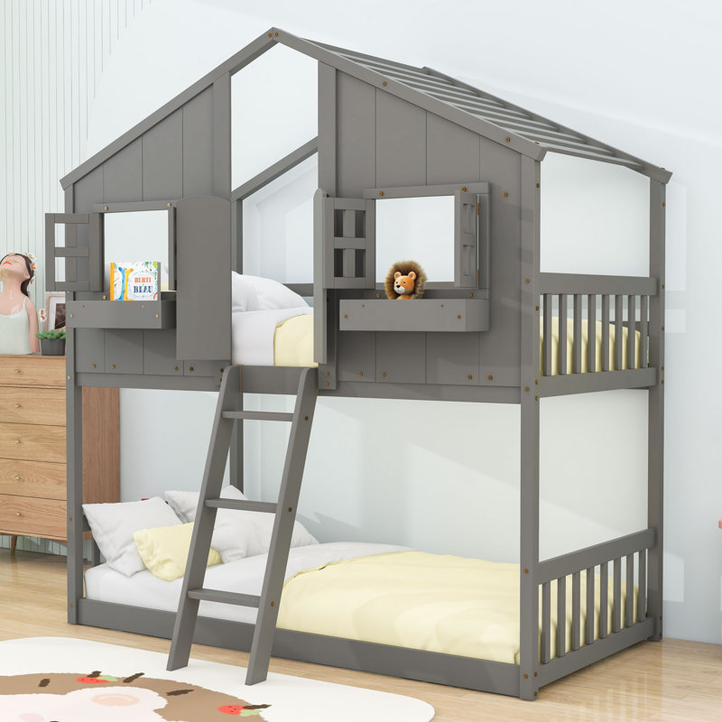 Lit superposé simple au dessus d'un lit simple avec toit et fenêtres, Gris