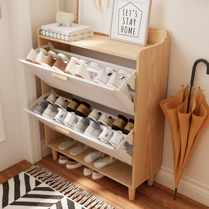 Nordic Inspired 31.5 Inch Freestanding Shoe Rack Cabinet With 2 Flip Doors, White And Natural Color Blend Drawers, Style, Wood Finish, For Entryway Decor
